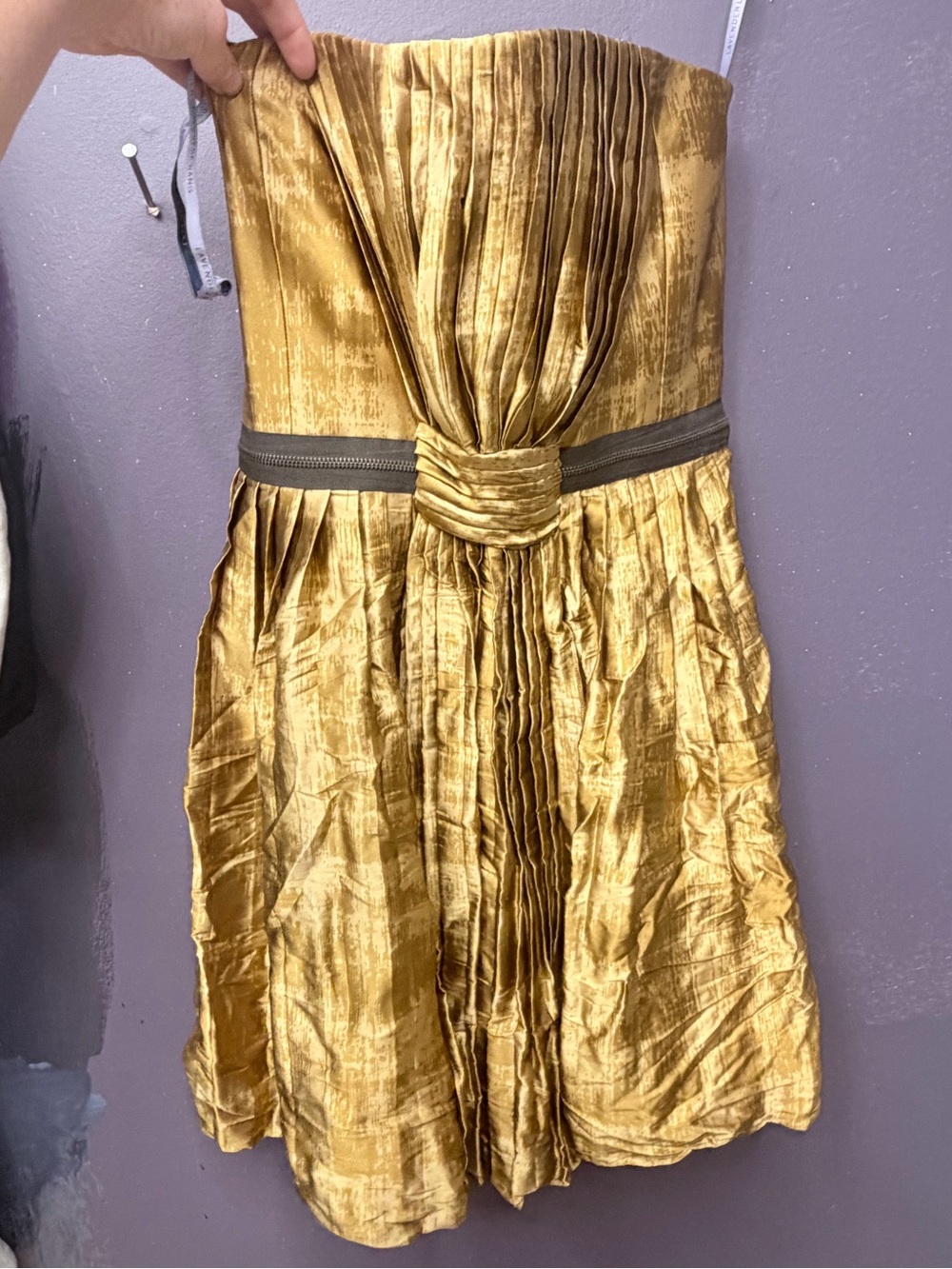 Vera Wang Lavender Label Strapless Pleated Dress in Gold